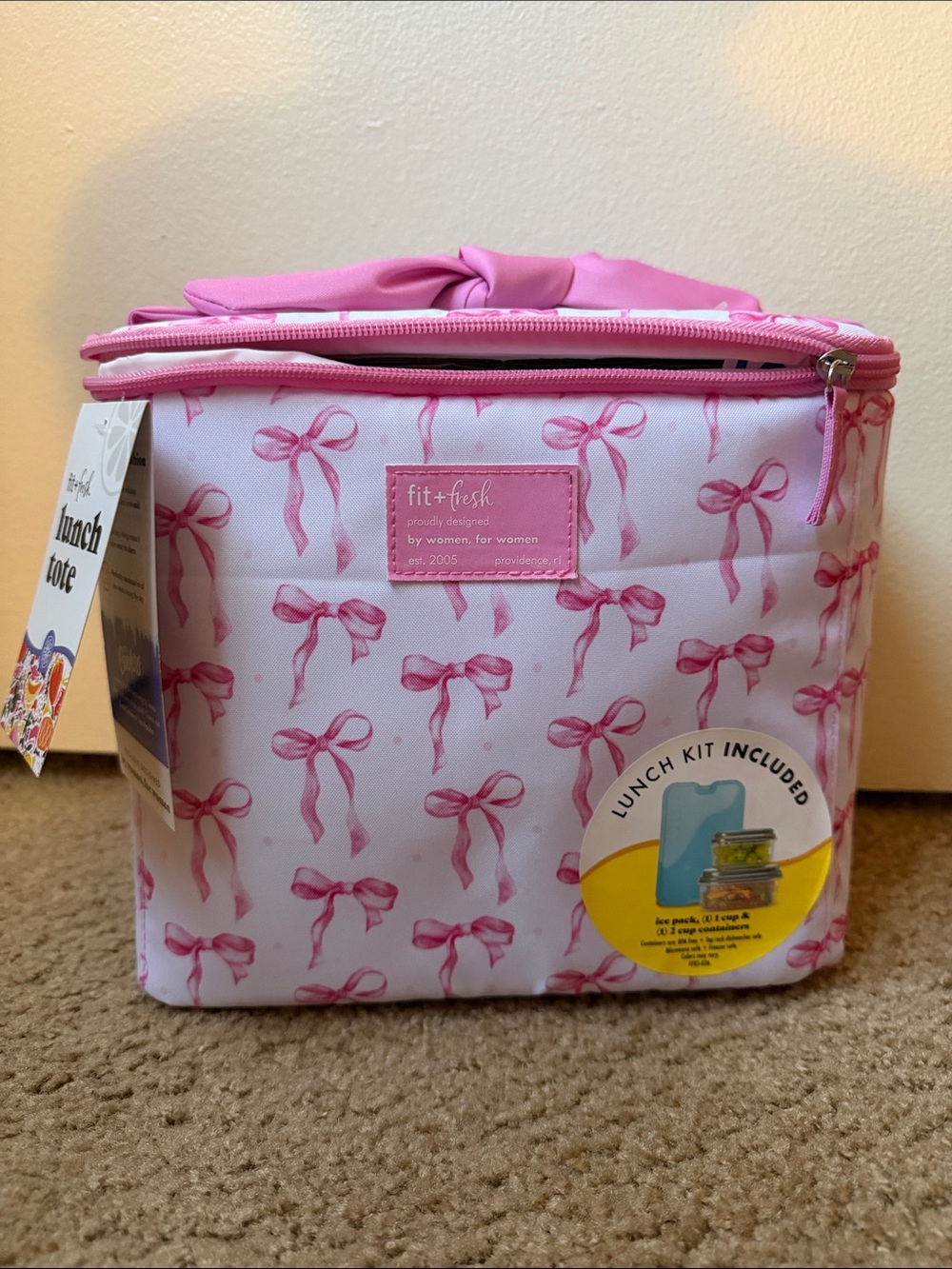 FIT & FRESH Pink Bow Print Insulated Lunch Tote